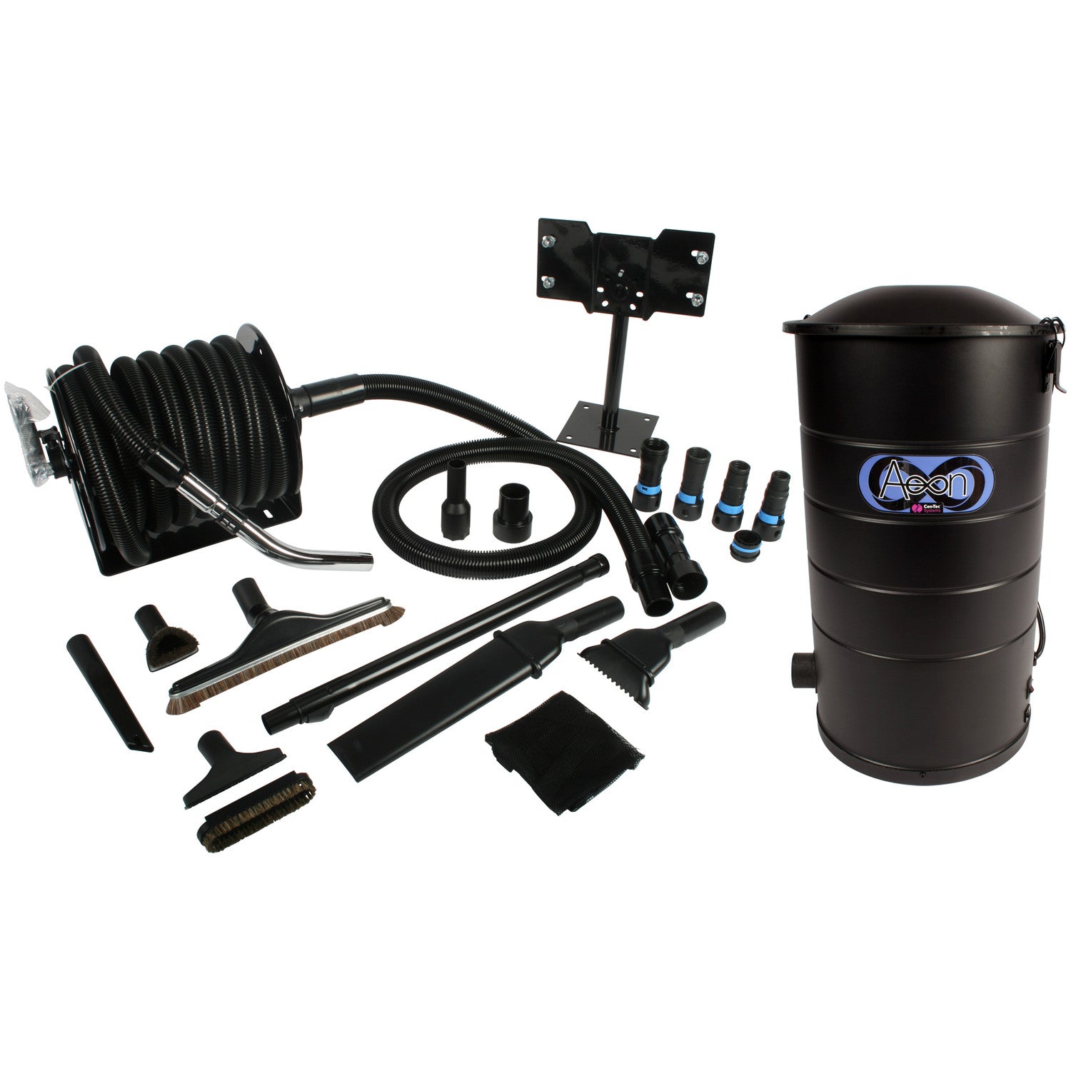 Centec Aeon Vacuum, Steel Hose Reel, 1.25 Inch X 33 Foot Hose, Quick Click Dust Collection Adapters, Commercial Cleaning Tools and Swivel Mounting Plate