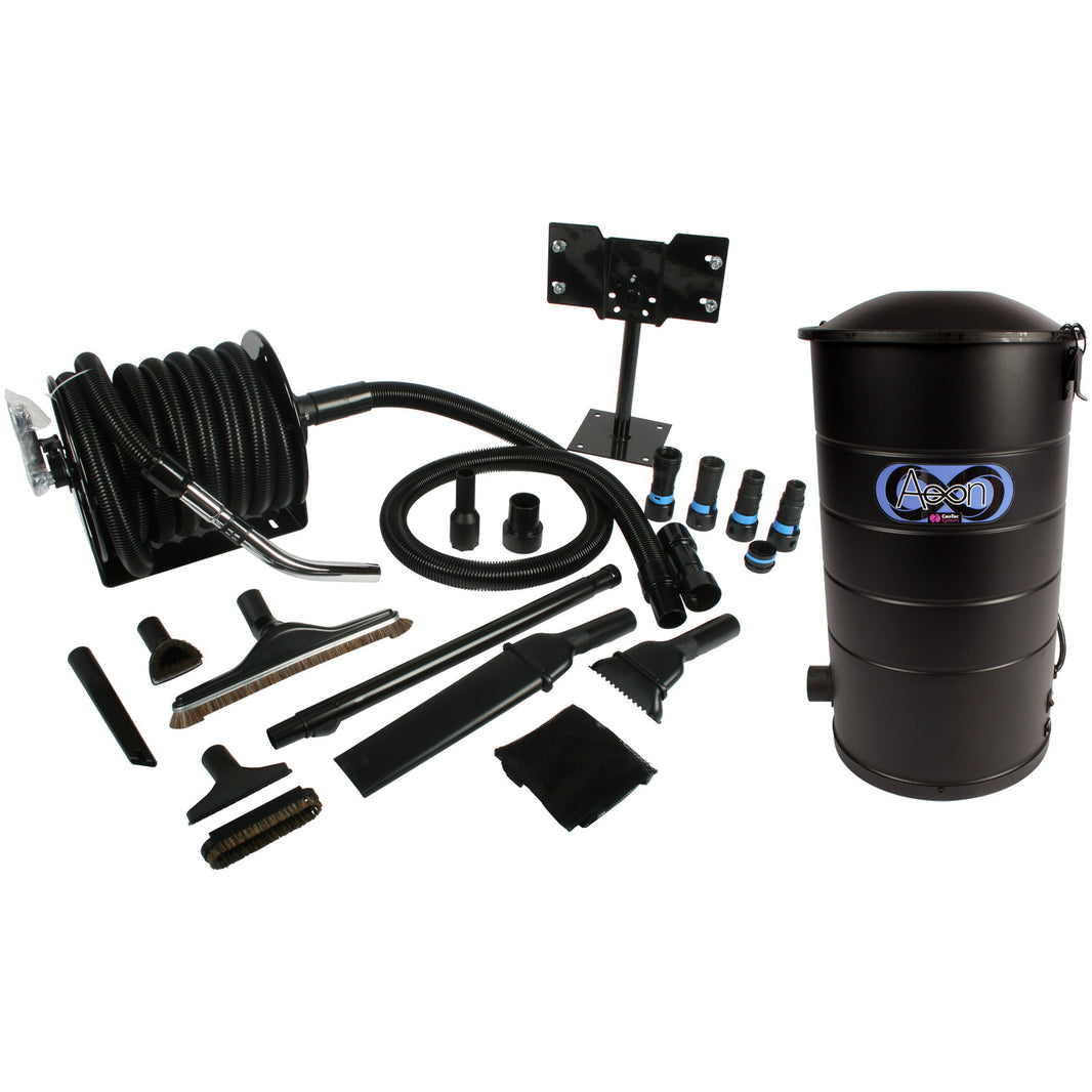 Centec Aeon Vacuum, Steel Hose Reel, 1.25 Inch X 33 Foot Hose, Quick Click Dust Collection Adapters, Commercial Cleaning Tools and Swivel Mounting Plate