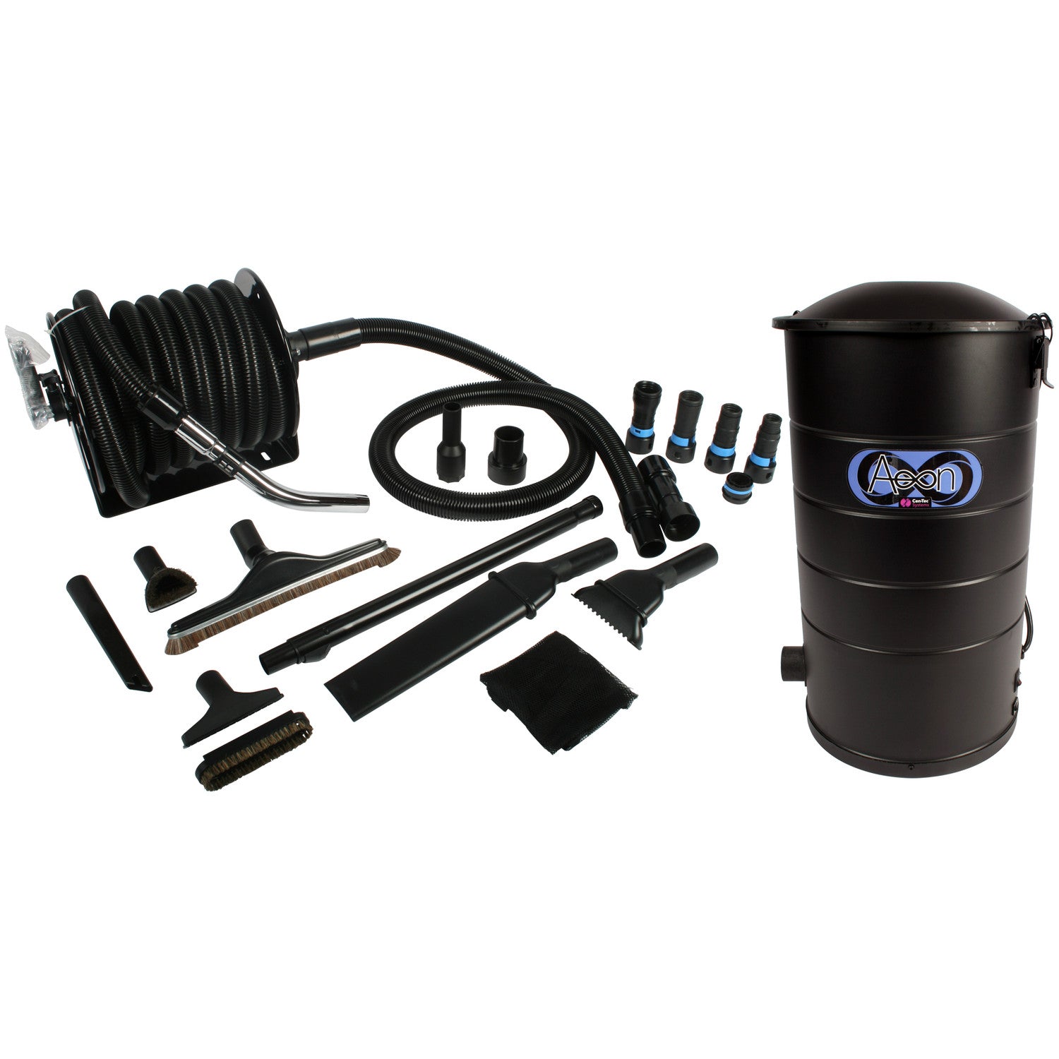 Centec Aeon Vacuum, Steel Hose Reel, 1.25 Inch X 33 Foot Hose, Quick Click Dust Collection Adapters and Commercial Cleaning Tools